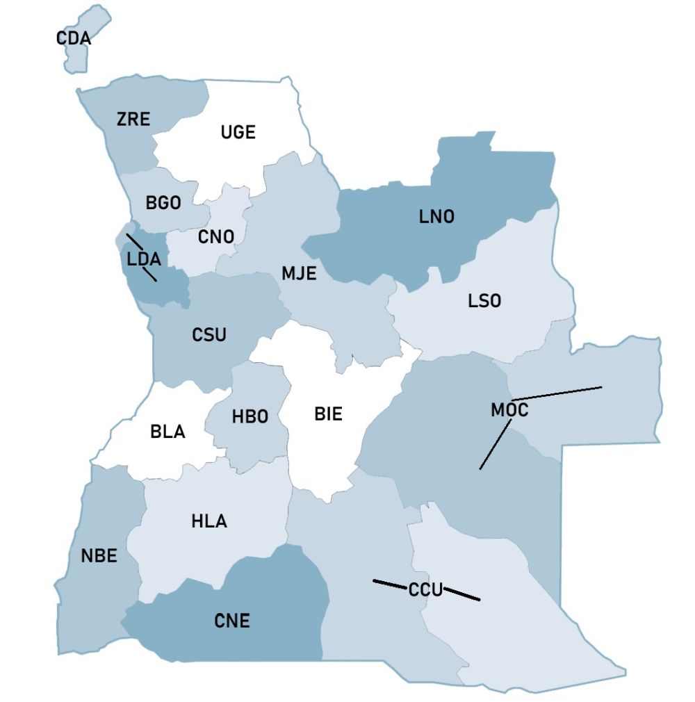 Angolai ter&uuml;letk&oacute;dok a t&eacute;rk&eacute;pen (a 2025-&ouml;s tartom&aacute;nyokkal &eacute;s a 2019-es k&oacute;dokkal)