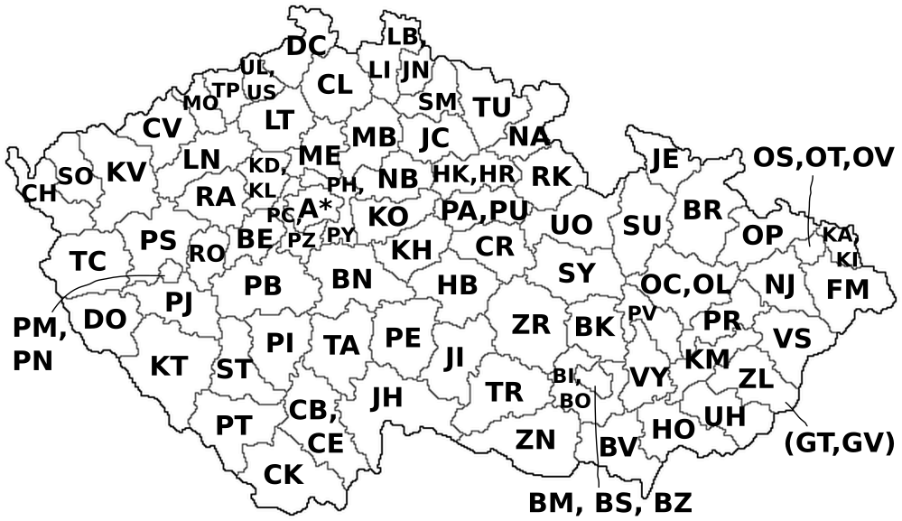 Csehország területkódjainak térképe 1993-tól