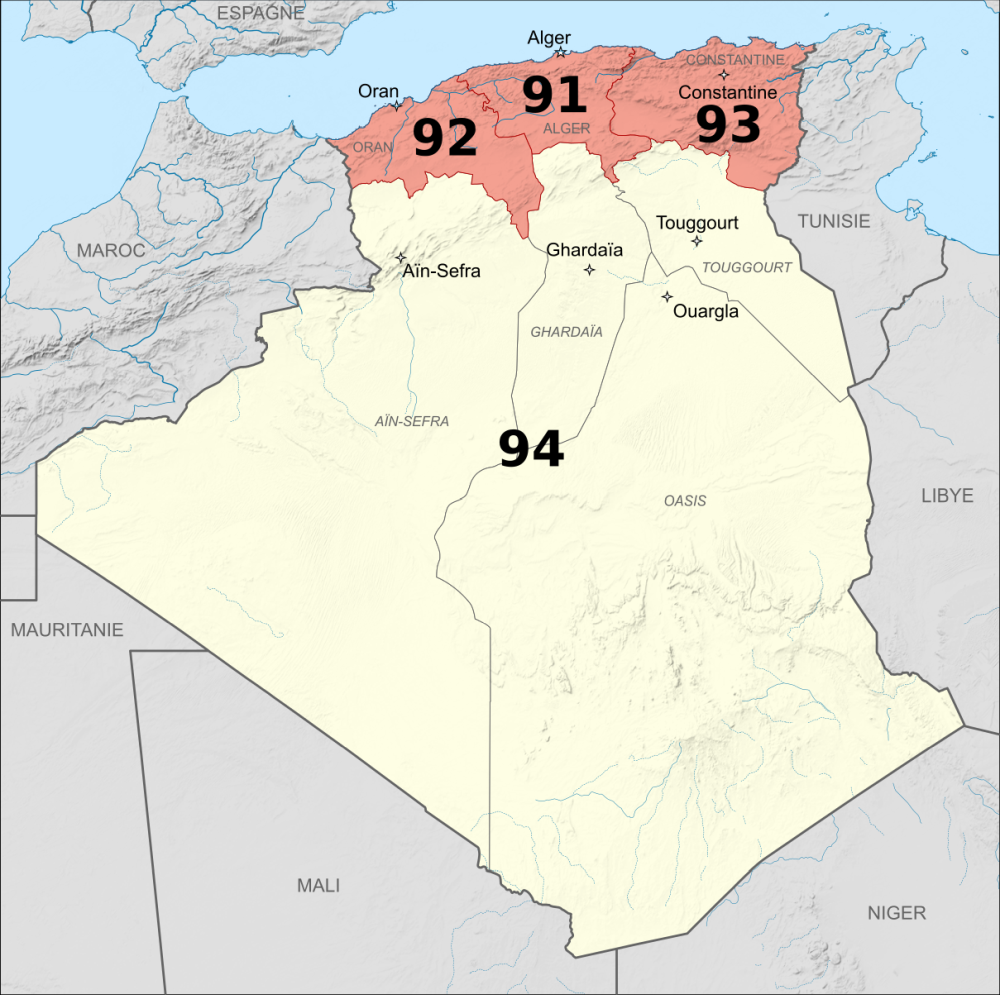 Az 1951-es algériai területkódok térképen