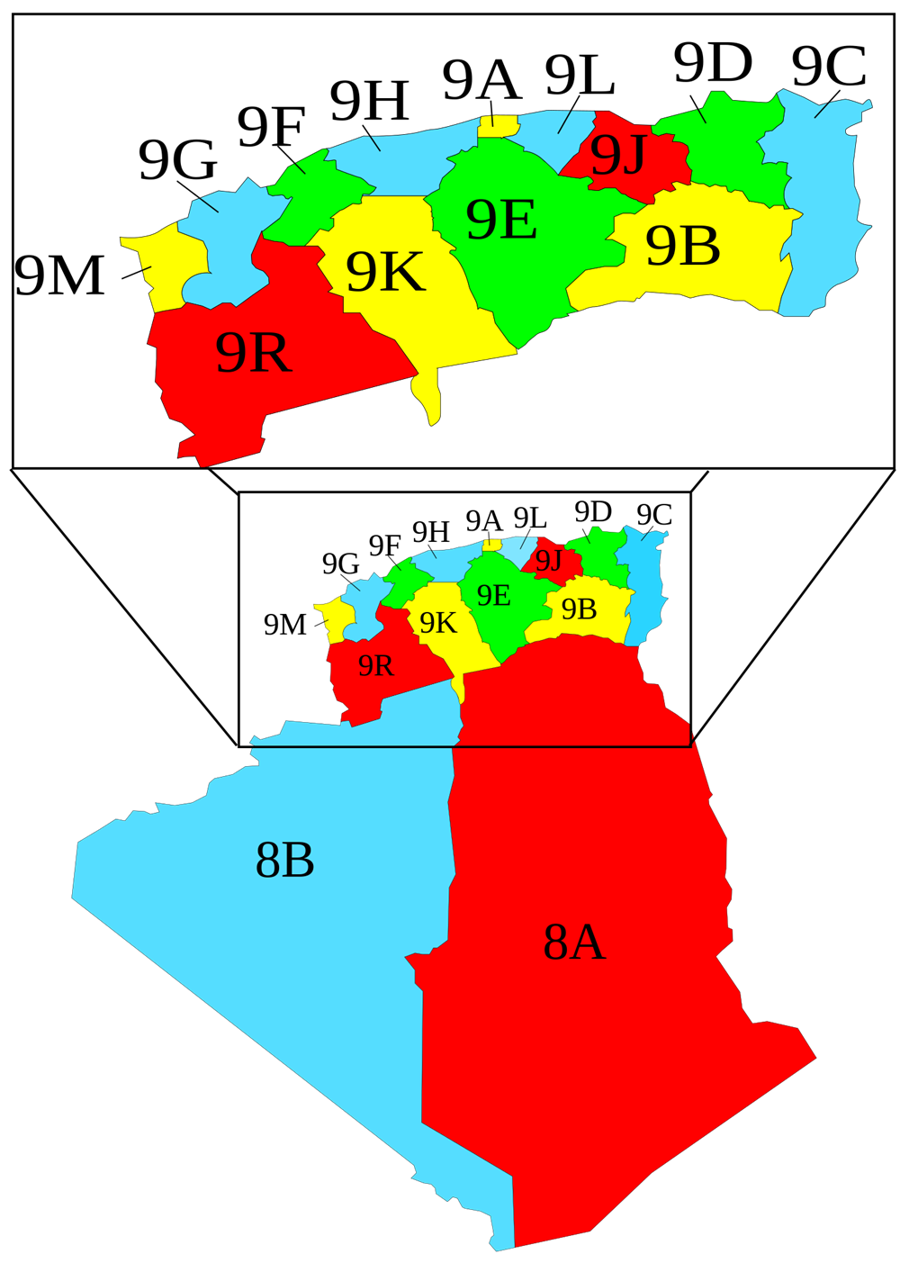 Az 1958-as algériai területkódok térképen