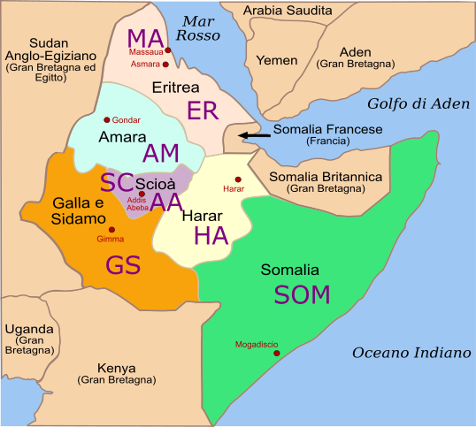 Olasz Kelet-Afrika területkódjai a térképen