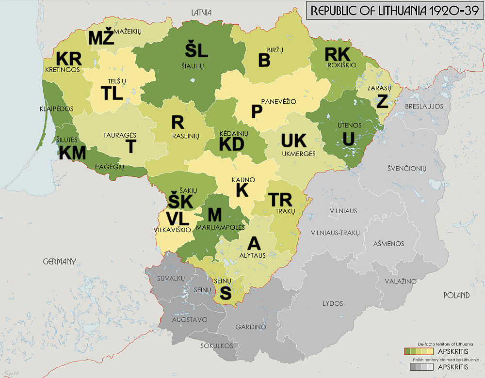 Litván területkódok 1930-ban