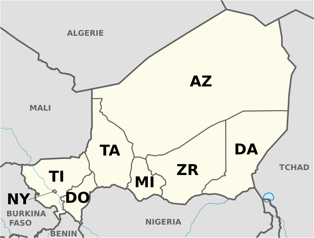 A 2017-től használt nigeri területkódok elhelyezkedése