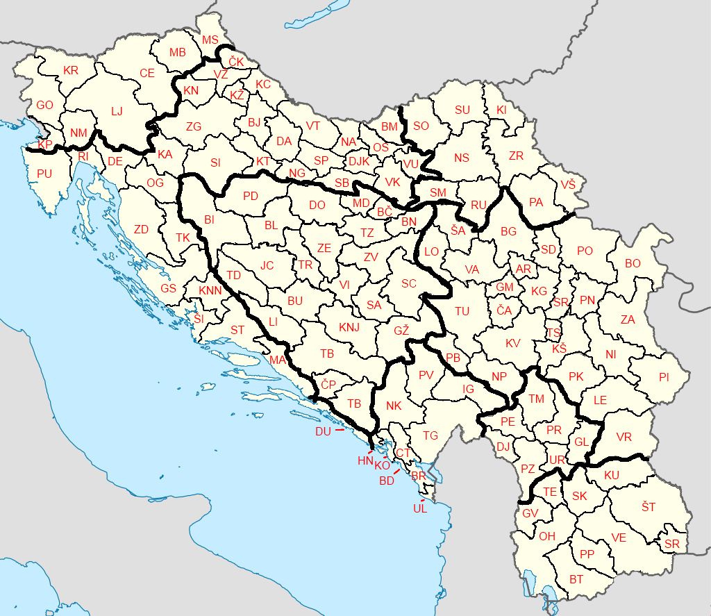 Jugoszláv területkódok 1991-ben