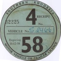 SOUTHERN RHODESIA/33225 4 RECEIPT No. ........./VEHICLE No. S 2466/Expiring 31-12-58 58/MOTOR VEHICLE OR TRAILER LICENCE SOUTHERN RHODESIA/33225 4 RECEIPT No. ........./VEHICLE No. S 2466/Expiring 31-12-58 58/MOTOR VEHICLE OR TRAILER LICENCE