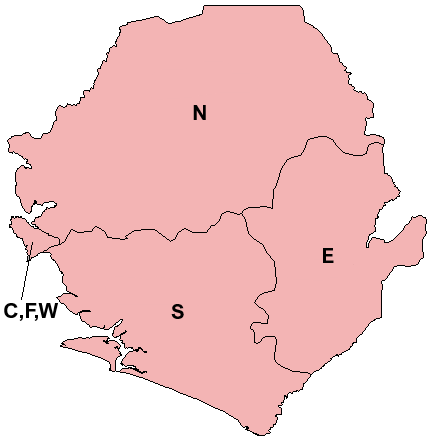 Sierra Leone 1961-es területkódjai térképen Sierra Leone 1961-es területkódjai térképen